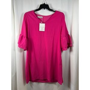 Belongsci Womens Hot Pink V-Neck Tiered Bell Sleeve Shift Dress 8817 XL NEW